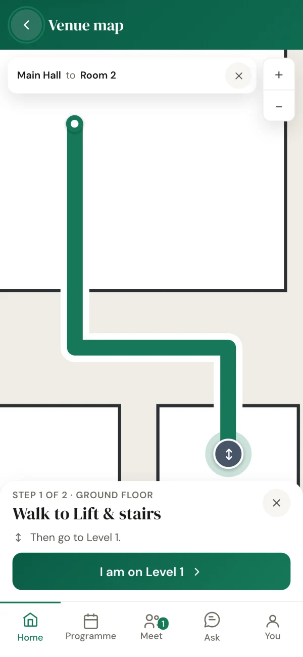 Orkestriq delegate portal on a phone: the venue map with a walking route to the next session
