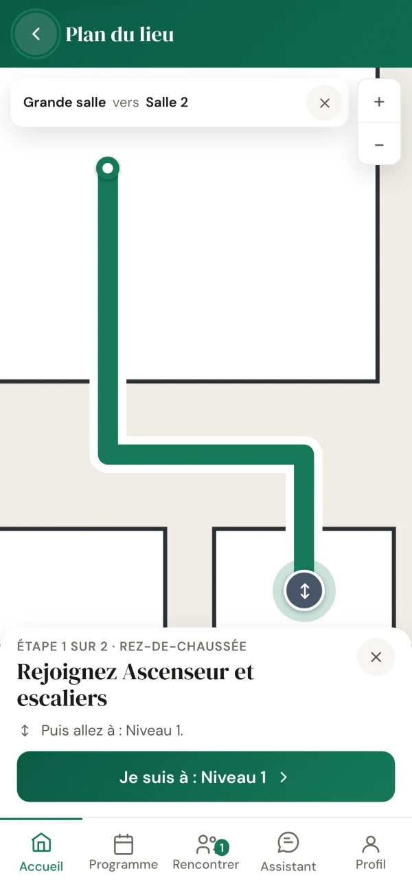 Portail délégué Orkestriq sur un téléphone : le plan du lieu avec un itinéraire à pied vers la prochaine session